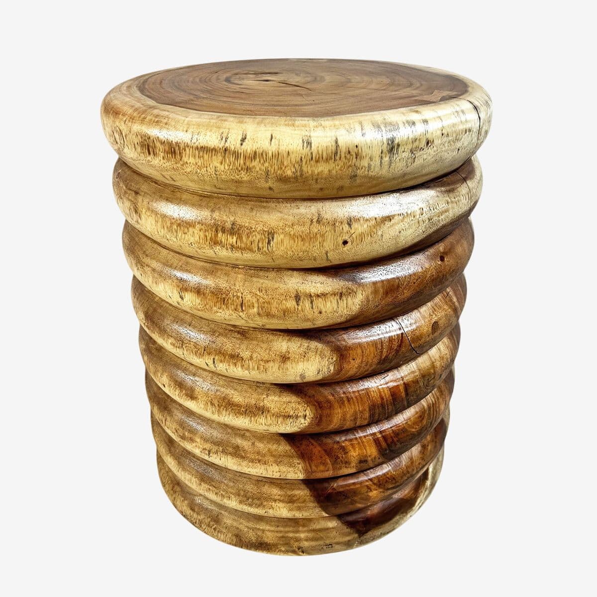 Monkey Pod Ribbed Wood End Table Stool - Image 1