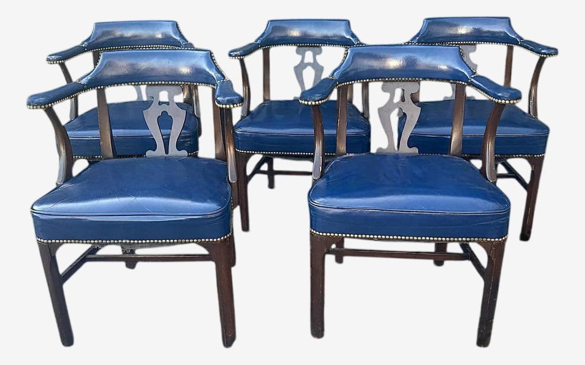 Vintage 1940s Blue Leather and Walnut Grand Ledge Chair Company Club Chairs - Rare Find