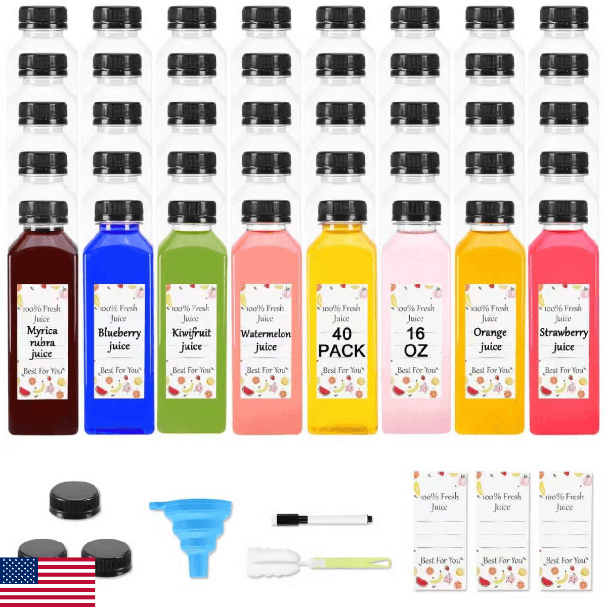 Janisfirst 40x 16oz Empty Plastic Juice Bottles w/ Caps, Reusable Clear Home - Image 1